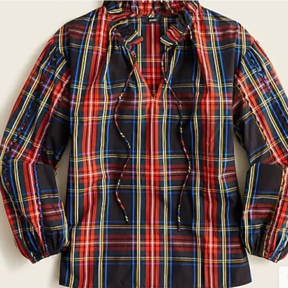 J CREW Tartan Plaid Cotton Ruffleneck Blouse Sz XSMALL NWT